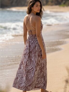 Faithfull the Brand Brown and White Zebra-Print Backless Linen Blend Maxi Dress.